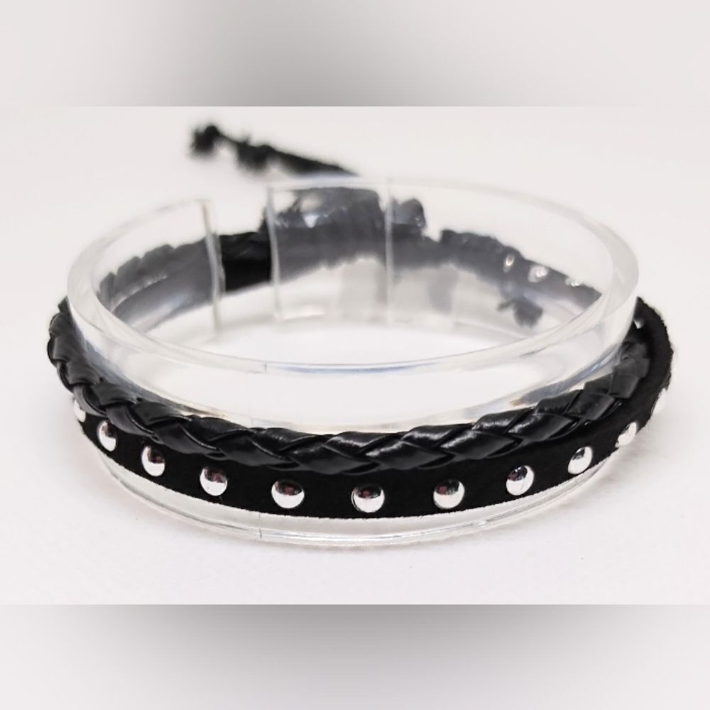 Men's bracelet leather‎ layered braided black new e38